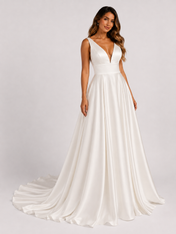 Elegant Plunging V-Neck Satin A-Line Wedding Dress with Chapel Train