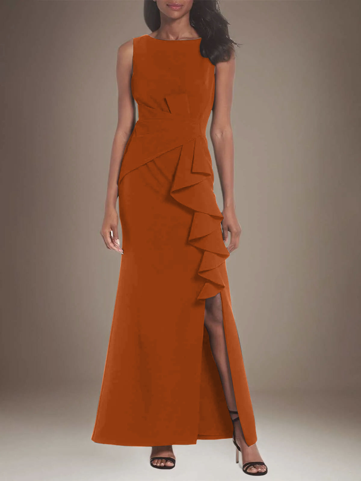 Column Stretch Crepe Scoop Neck Sleeveless Floor Length Dress With Ruffles