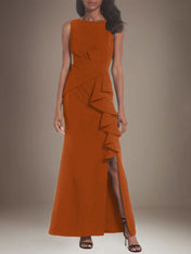 Sheath/Column Stretch Crepe Scoop Neck Sleeveless Floor Length Dress With Ruffles