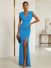 Commanding Formal Evening Dress Emerald Green Plunging V-Neck Slit Gown