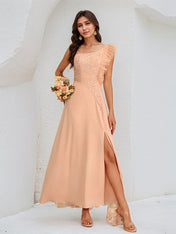 A Line Salmon Chiffon One Shoulder Sleeveless Ankle Length Dress With High Slit