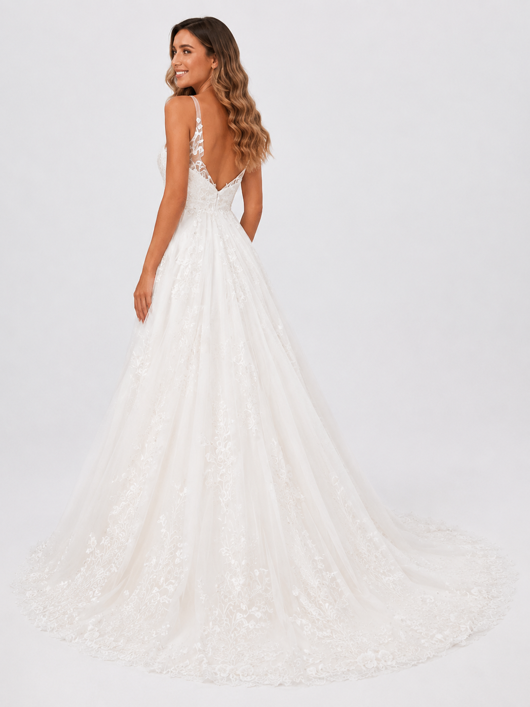 Elegant V-Neck Spaghetti Strap Lace Appliquéd Tulle A-Line Wedding Dress with Chapel Train
