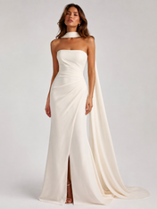 Elegant Strapless Straight-Neck Ruched Sheath Wedding Dress with Draped Neck Scarf and Sweep Train