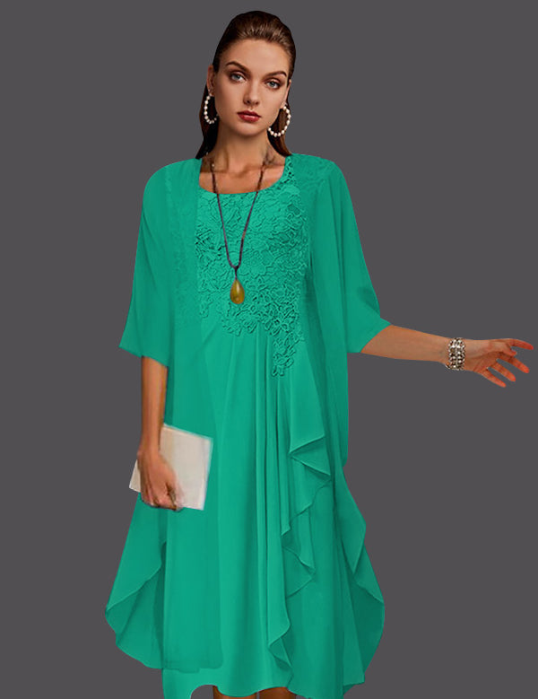 Two Piece A-Line Chiffon Lace Sleeveless Jacket Dresses with Pleats Appliques
