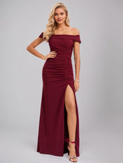 Trumpet/Mermaid Off the Shoulder Floor-Length Stretch Crepe Bridesmaid Dress With Ruffle