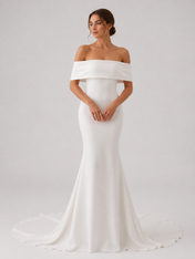 Elegant Off-the-Shoulder Folded Collar Satin Mermaid Wedding Dress with Chapel Train