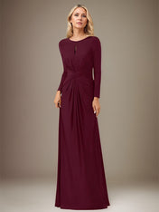 A Line Cabernet Stretch Crepe Scoop Neck Long Sleeves Floor Length Dress