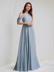 Dusty Blue A-Line High Neck Floor-Length Chiffon Bridesmaid Dress