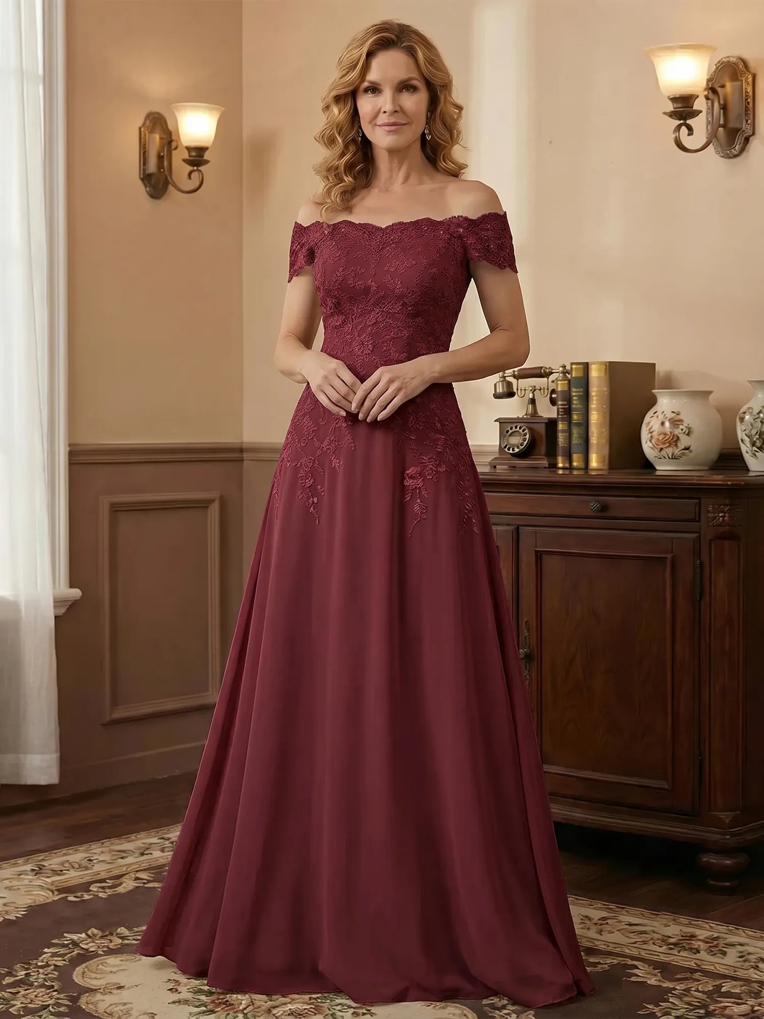 Elegant Taupe Off The Shoulder Sheath Mother of the Bride Dress with Lace