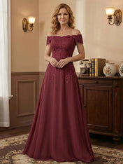 Elegant Taupe Off The Shoulder Sheath Mother of the Bride Dress with Lace