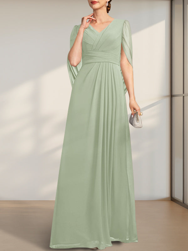 A-line V-Neck Floor-Length Chiffon Mother of the Bride Dress With Pleated