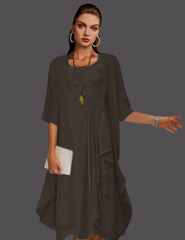 Two Piece A-Line Chiffon Lace Sleeveless Jacket Dresses with Pleats Appliques