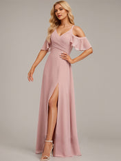 Dusty Rose A-Line Cold Shoulder Floor-Length Chiffon Bridesmaid Dress With Ruffle