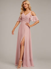 Dusty Rose A-Line Cold Shoulder Floor-Length Chiffon Bridesmaid Dress With Ruffle