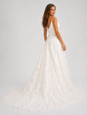 Elegant Scoop Neck Satin Bodice Lace Overlay A-Line Wedding Dress with Chapel Train