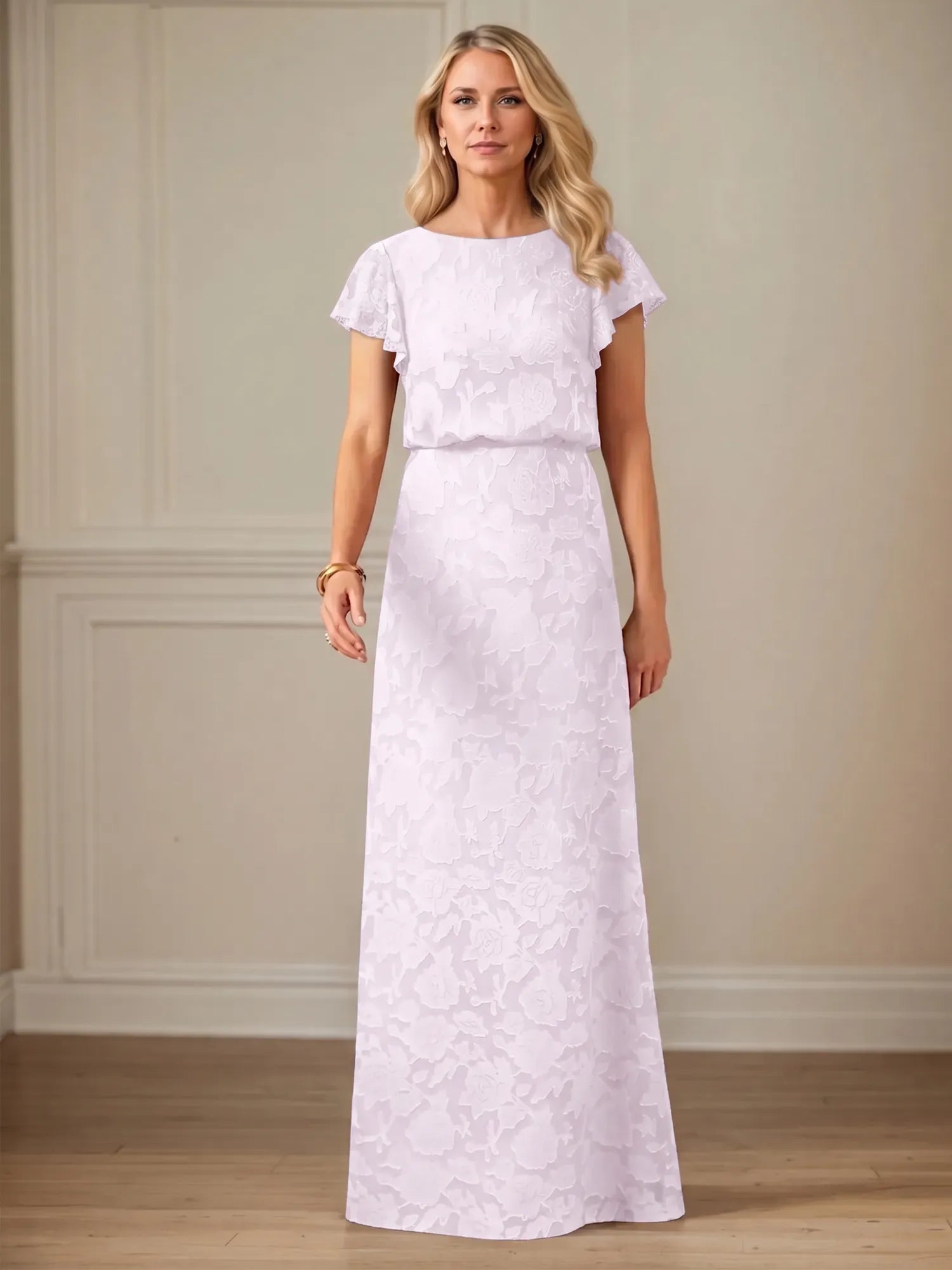 A Line Boat Neck Short Sleeve Floral Burnout Mother of the Bride Dress