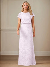 A Line Boat Neck Short Sleeve Floral Burnout Mother of the Bride Dress