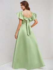 A Line Sage Satin Asymmetrical Neck Floor Length Dress With Ruffle Sleeves