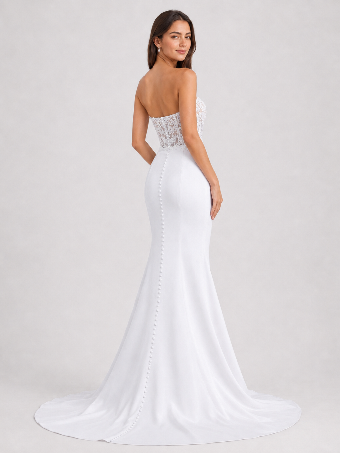 Elegant Strapless Lace Bodice Satin Mermaid Wedding Dress with Chapel Train