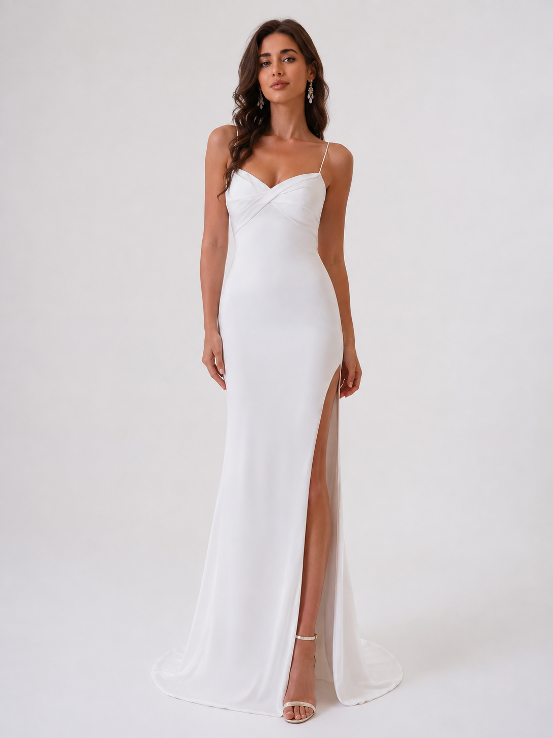 Elegant Spaghetti Strap Ruched Satin Sheath Wedding Dress with High Slit and Chapel Train