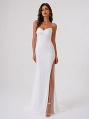 Elegant Spaghetti Strap Ruched Satin Sheath Wedding Dress with High Slit and Chapel Train