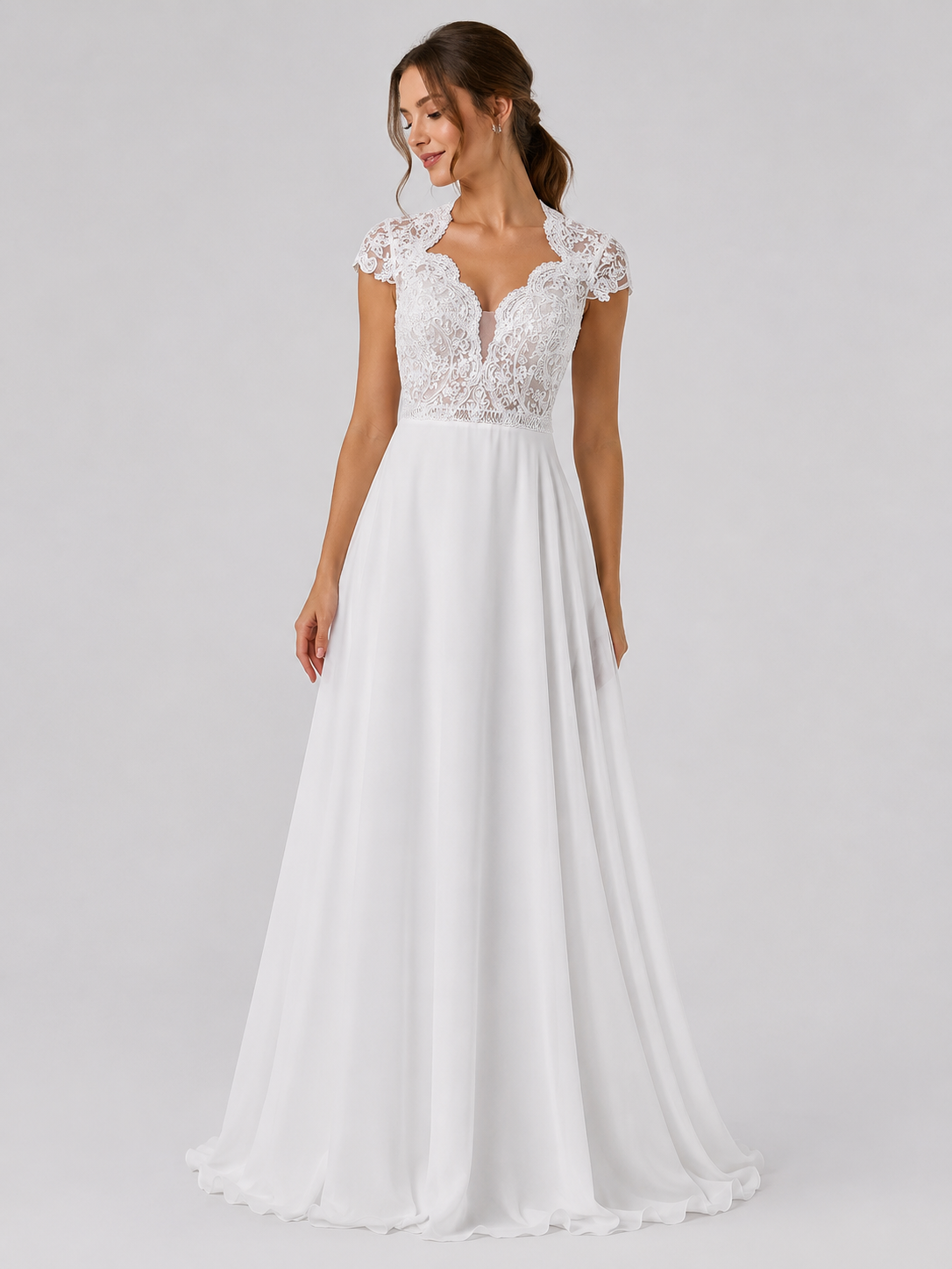 Elegant V-Neck Lace Bodice Chiffon A-Line Wedding Dress with Keyhole Back and Sweep Train