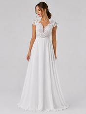 Elegant V-Neck Lace Bodice Chiffon A-Line Wedding Dress with Keyhole Back and Sweep Train