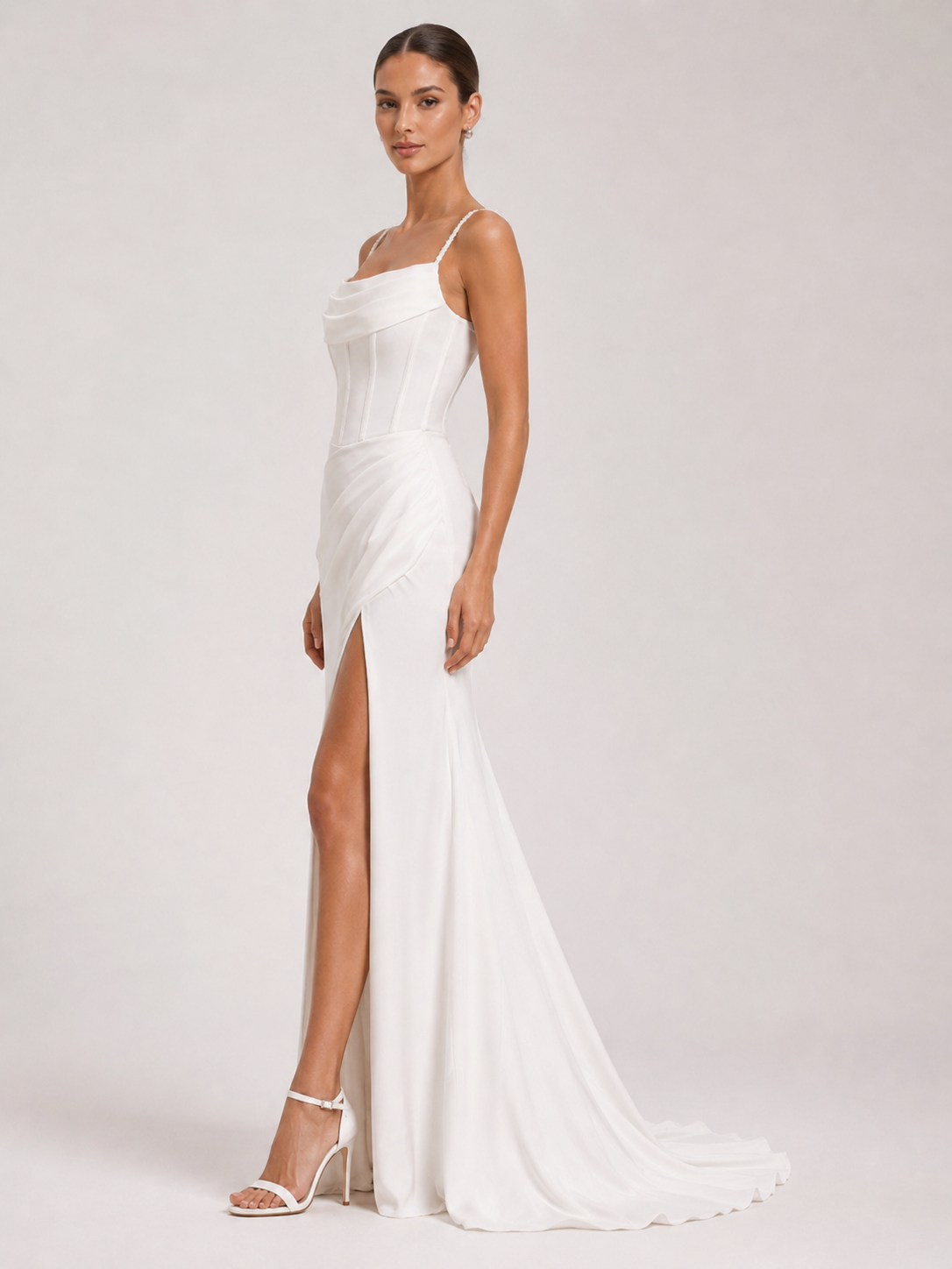 Elegant Draped Cowl-Neck Satin Sheath Wedding Dress with High Slit and Chapel Train