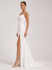 Elegant Draped Cowl-Neck Satin Sheath Wedding Dress with High Slit and Chapel Train