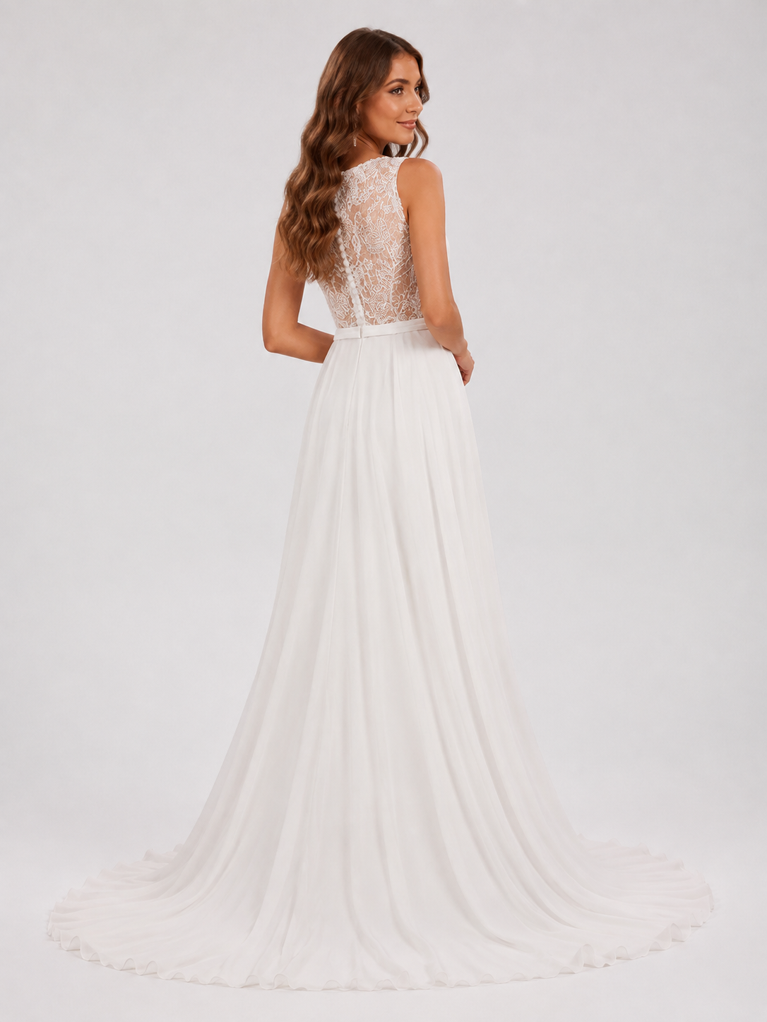 Elegant Plunging V-Neck Lace Bodice Chiffon A-Line Wedding Dress with Chapel Train
