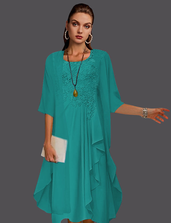 Two Piece A-Line Chiffon Lace Sleeveless Jacket Dresses with Pleats Appliques