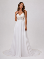 Elegant V-Neck Spaghetti Strap Lace Appliquéd Chiffon A-Line Wedding Dress with Low Back and Chapel Train