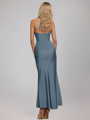 Slate Blue Sheath/Column Satin Halter Sleeveless Ankle Length Dress