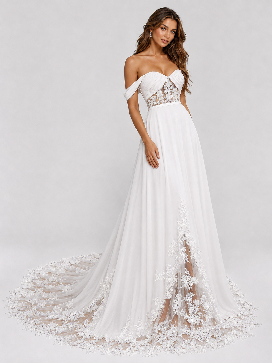 Elegant Off-the-Shoulder Lace Applique Chiffon A-Line Wedding Dress with Chapel Train