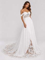 Elegant Off-the-Shoulder Lace Applique Chiffon A-Line Wedding Dress with Chapel Train