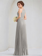 Silver A-Line Scoop Floor-Length Lace Chiffon Dresses With Pleated