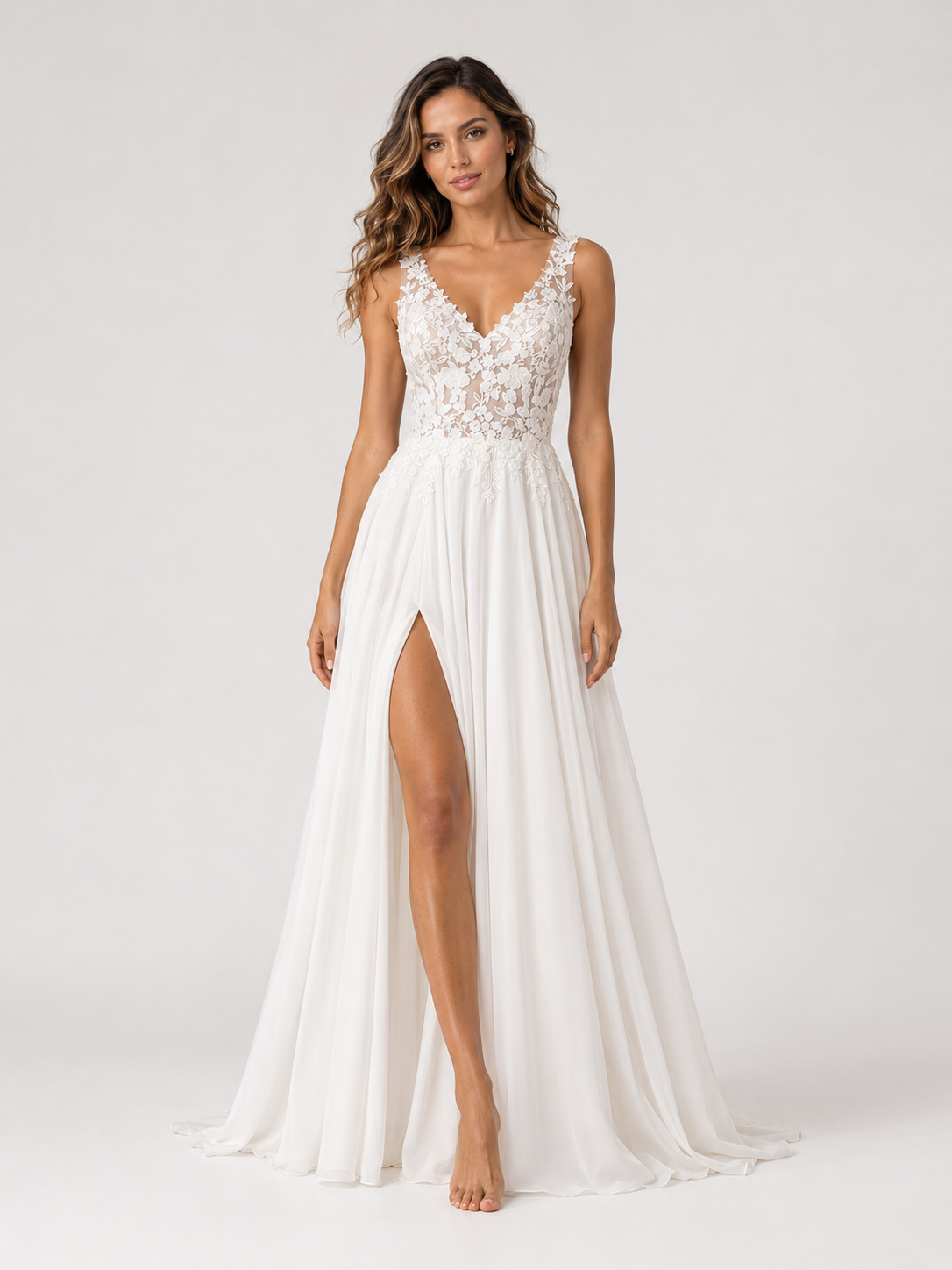 Elegant Floral Applique Chiffon A-Line Wedding Dress with Sweep Train