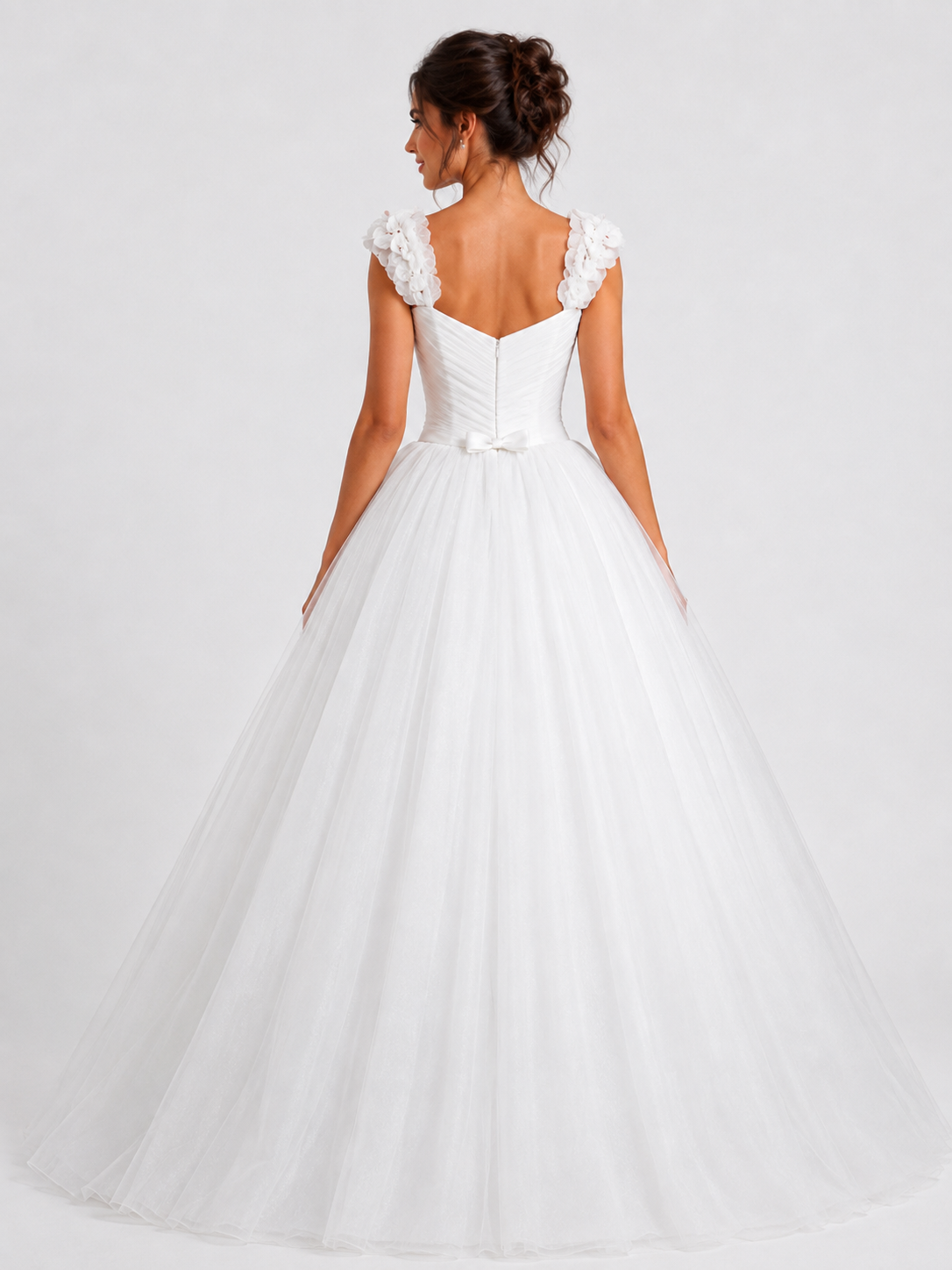 Elegant Ruched Tulle A-Line Wedding Dress with Ruffled Floral Straps and Chapel Train