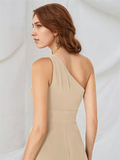 Champagne A Line Chiffon One Shoulder Sleeveless Floor Length Bridesmaid Dresses