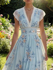 Light Blue Imitation Pearls Floral V Neck A-Line Maxi Chiffon Dress