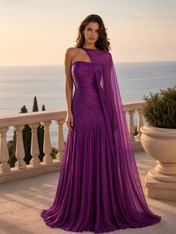 One-Shoulder Pleated Purple Chiffon Evening Dresses with Draped Cape