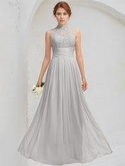 Silver A-Line High Neck Floor-Length Lace Chiffon Bridesmaid Dress With Appliques