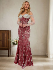 Sparkly Champagne Mermaid Off the Shoulder Long Prom Dress With Corset