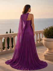 One-Shoulder Pleated Purple Chiffon Evening Dresses with Draped Cape