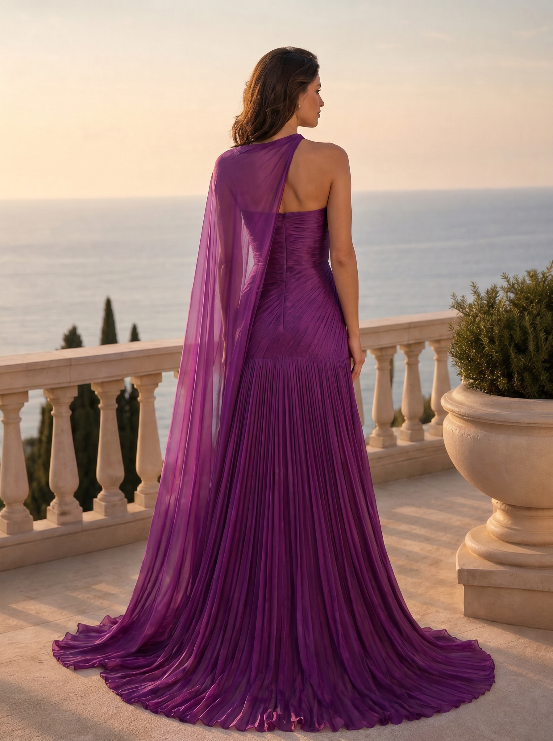 One-Shoulder Pleated Purple Chiffon Evening Dresses with Draped Cape
