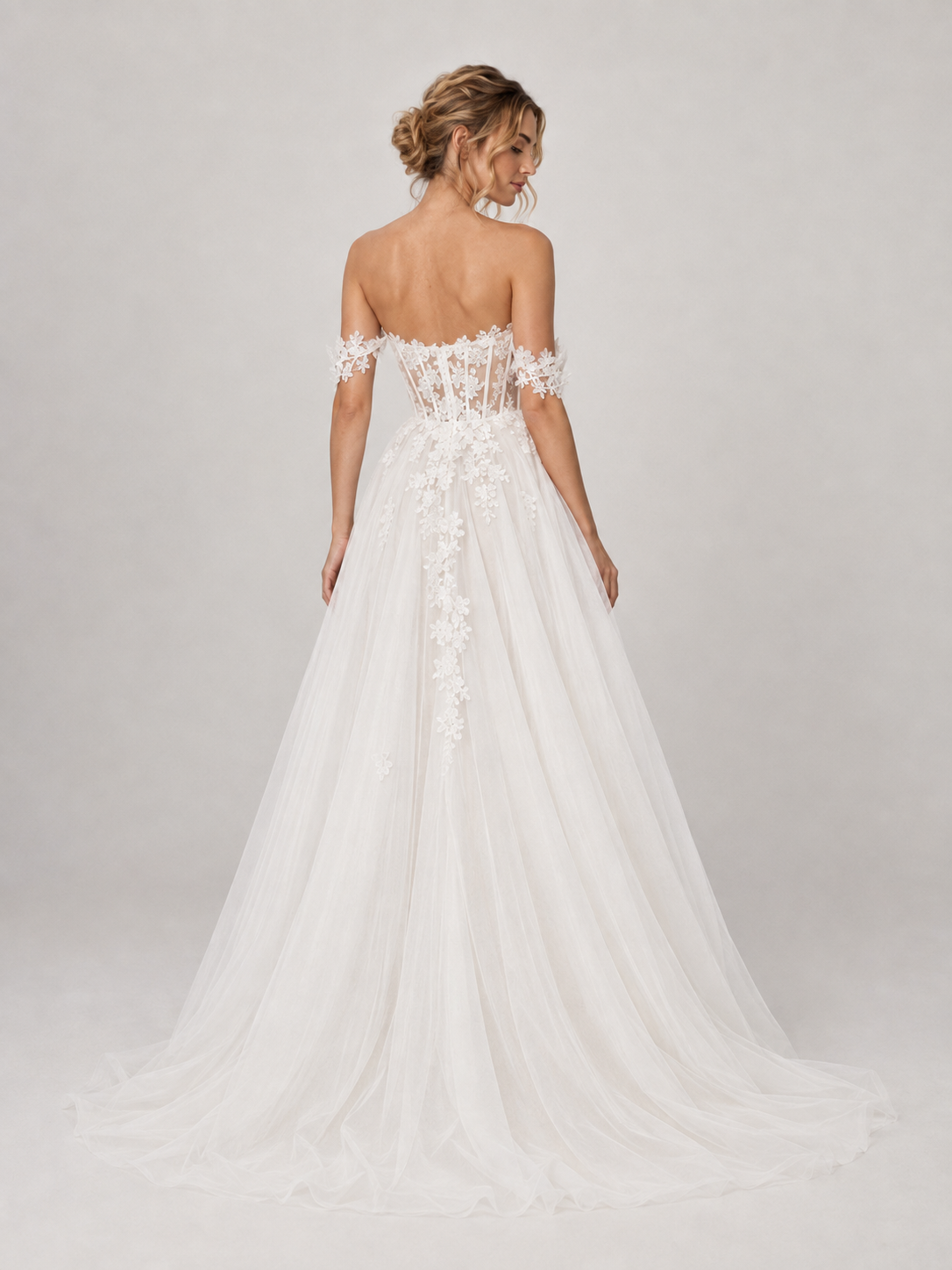 Elegant Off-the-Shoulder Corset Tulle A-Line Wedding Dress with High Slit and Chapel Train