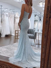 Light Blue Mermaid Spaghetti Straps Long Prom Dress with Beading