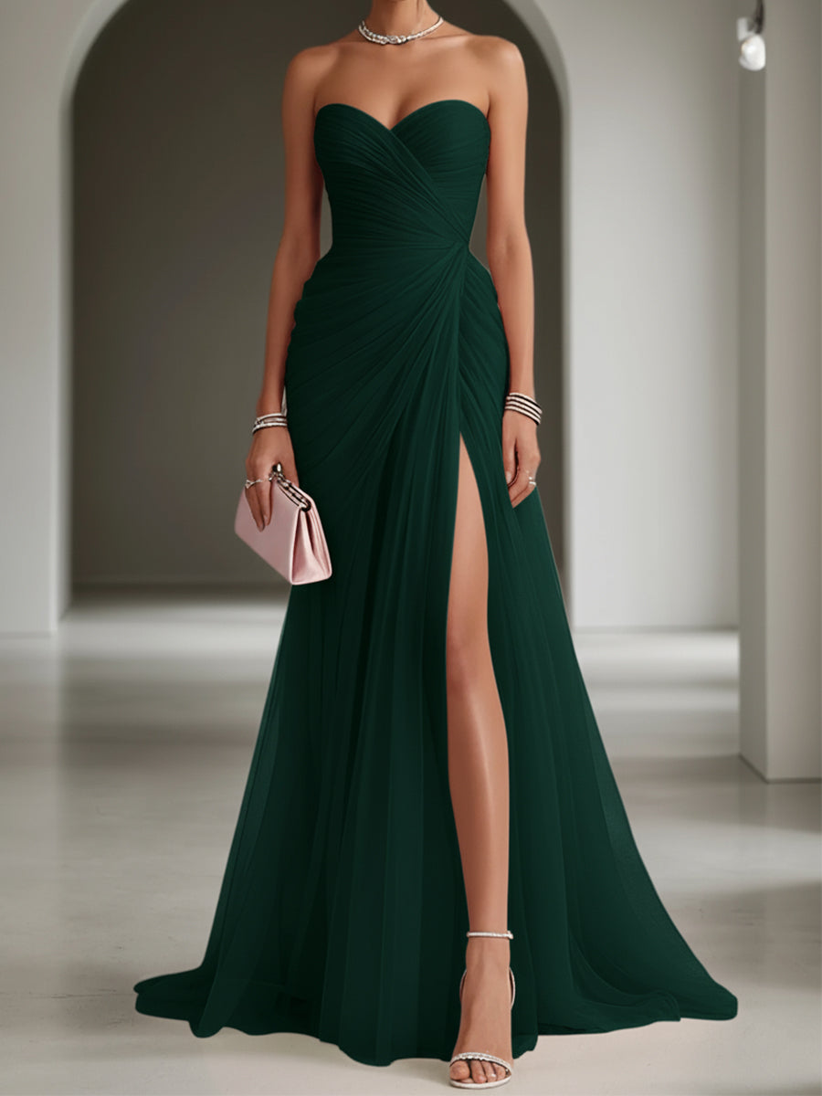 Pink Ruched Slit Tulle Strapless Sleeveless Sheath Gown Dress