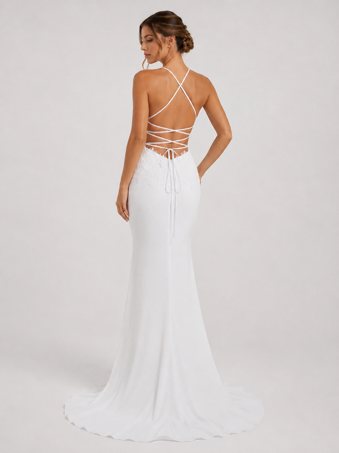 Elegant Spaghetti Strap Lace Applique Crepe Mermaid Wedding Dress with Chapel Train