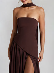 Elegant Mint Green Strapless Pleated Maxi Dress With Slit